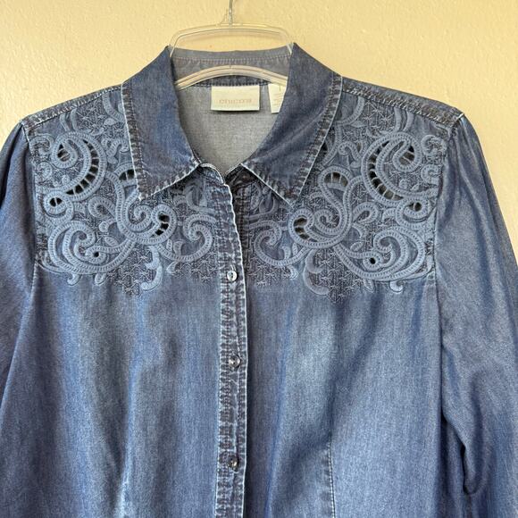 Chico's women's long-sleeve denim shirt embroidered cutouts size S/M - Picture 4 of 9
